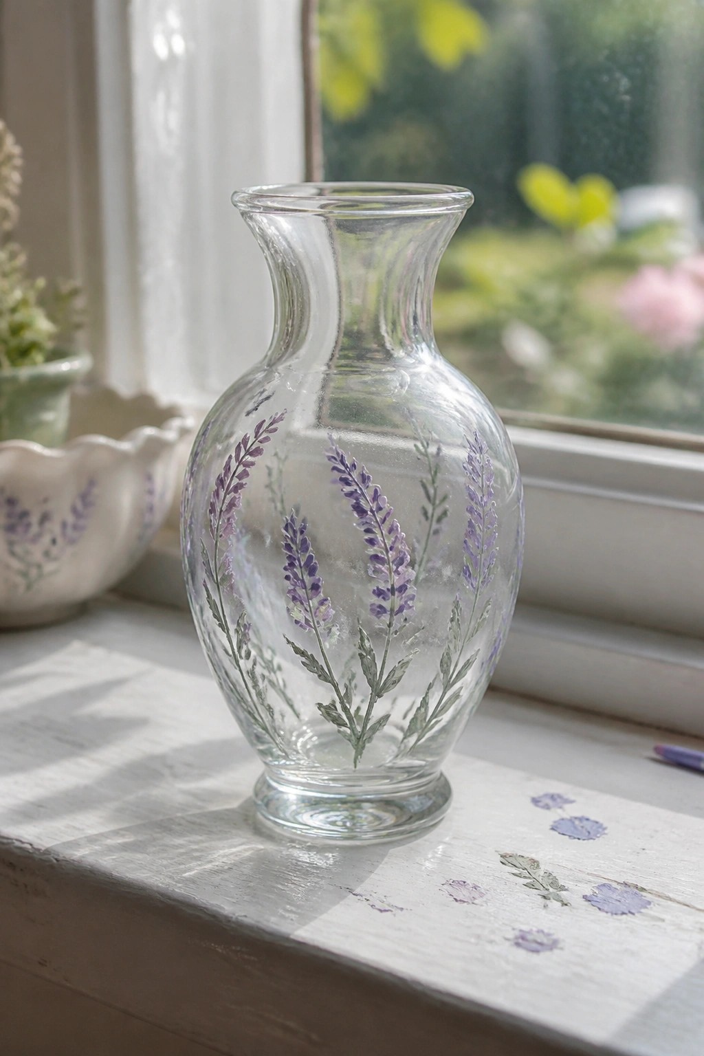 Clear glass vase with purple lavender designs on sunlit white windowsill