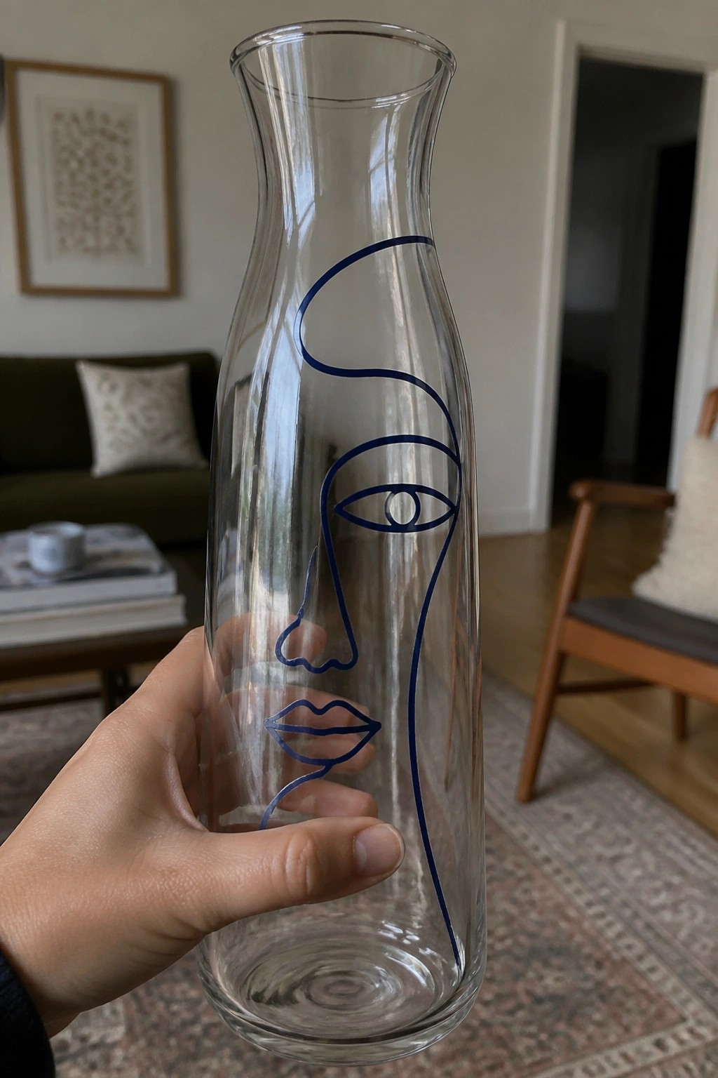 Hand holding clear glass carafe with blue minimalist line-art face design