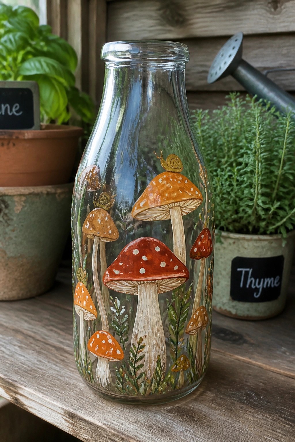 Glass bottle painted with mushrooms, snail, and plants on wooden surface