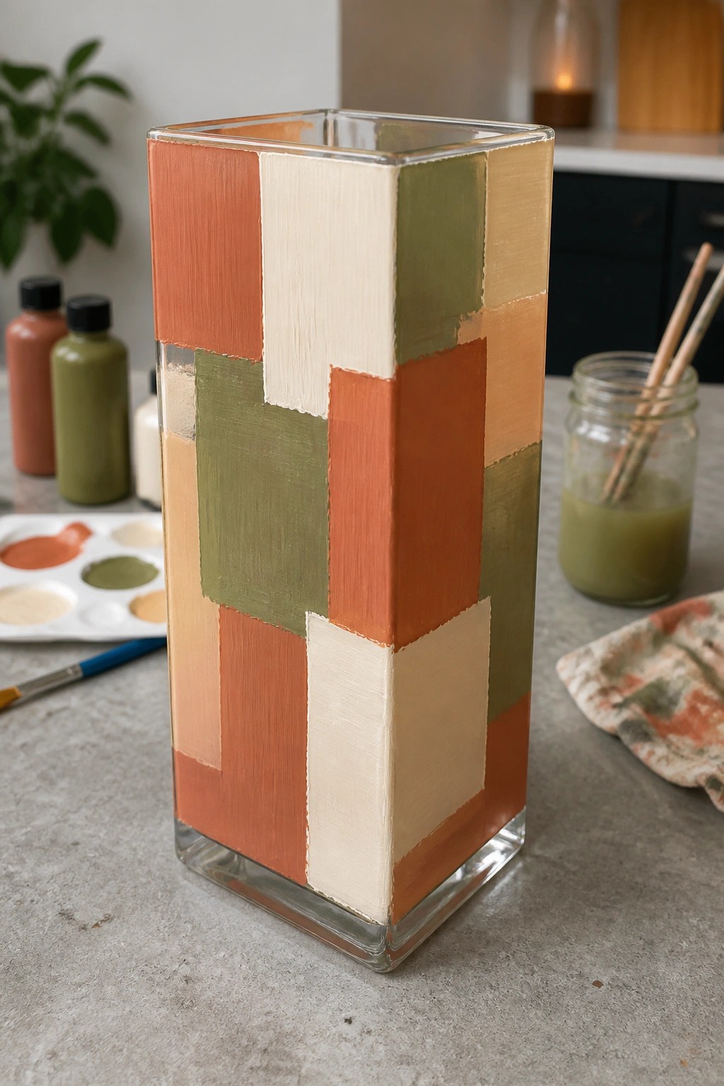 Painted square glass vase with geometric blocks of terracotta, green, and beige amid art supplies.