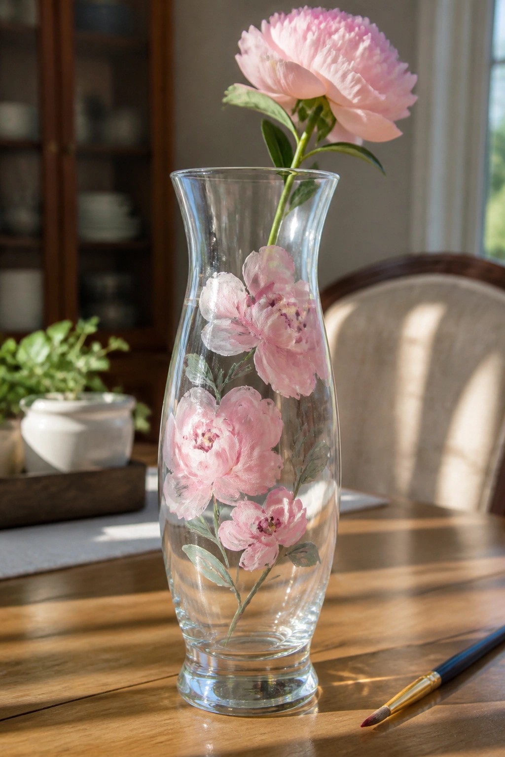 Glass vase with pink peony paintings holding fresh bloom beside paintbrush on table