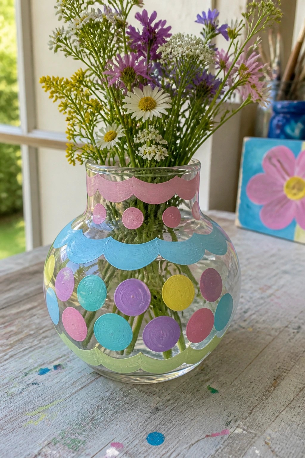 Colorful painted glass vase with scalloped patterns and dots holding wildflowers