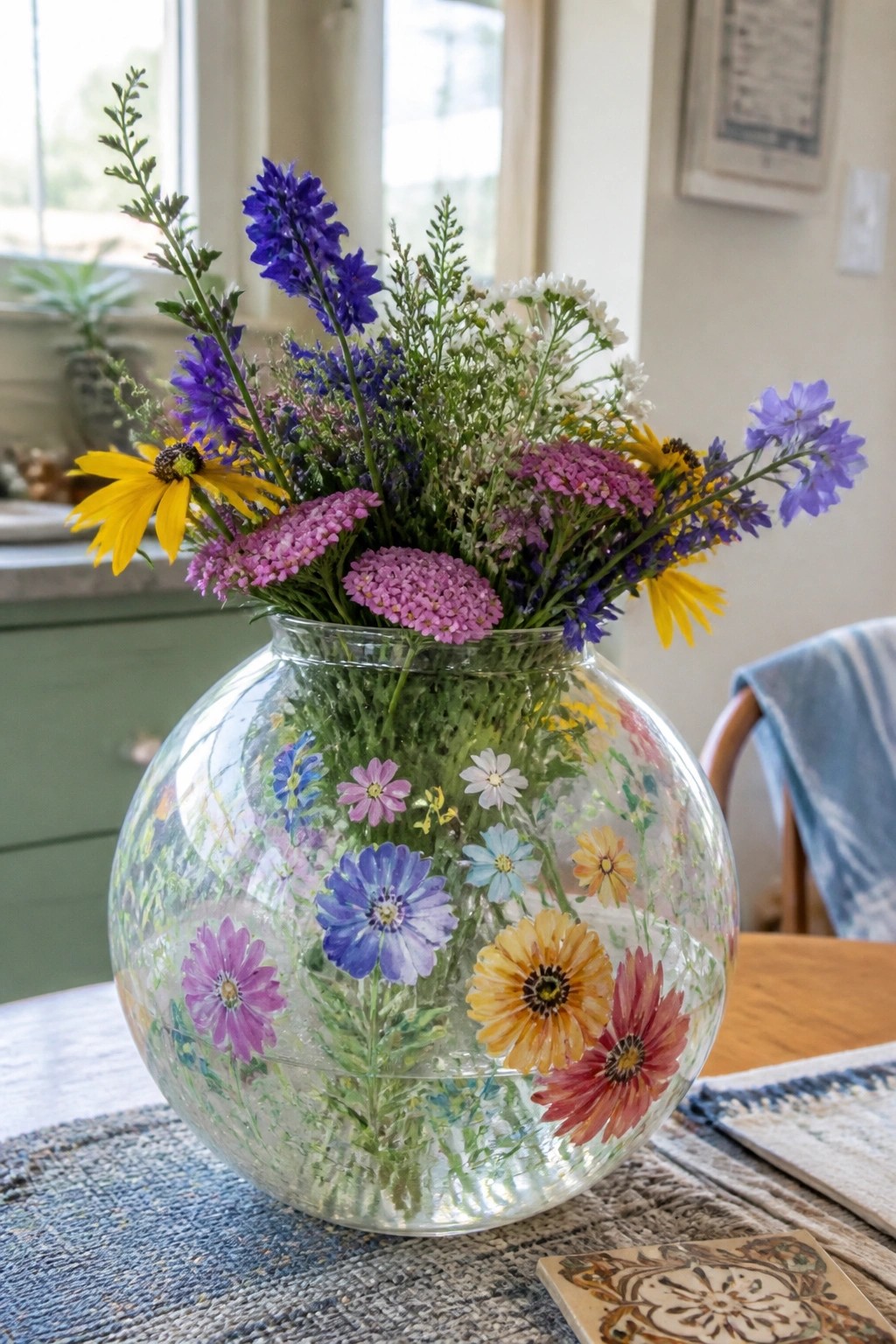 Round glass vase with painted flowers holding colorful wildflower bouquet on table