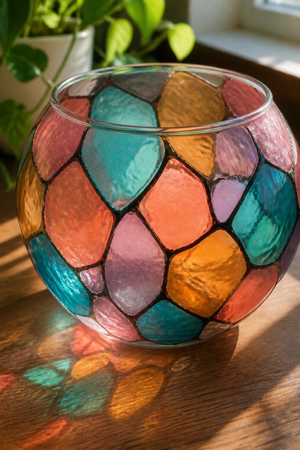 Colorful mosaic glass bowl on wooden table casting vibrant sunlight shadows.