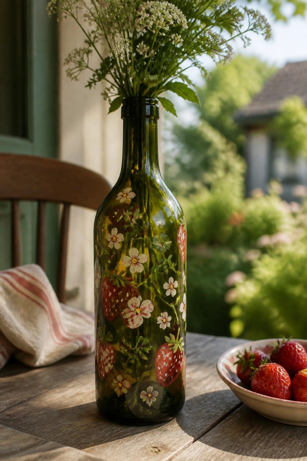 Green bottle vase with wildflowers beside strawberries on rustic wooden table