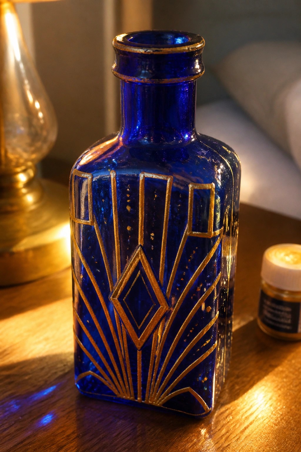 Cobalt blue glass bottle with gold Art Deco patterns on wooden table