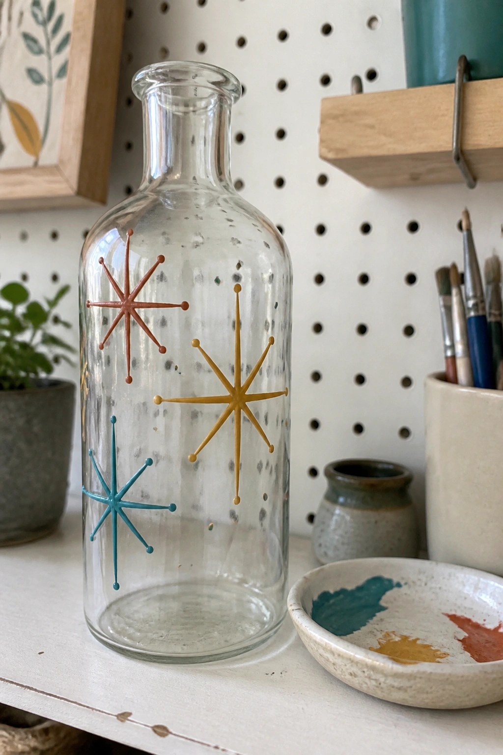 Clear glass bottle with teal, yellow, and rust mid-century starburst designs beside paint dish.