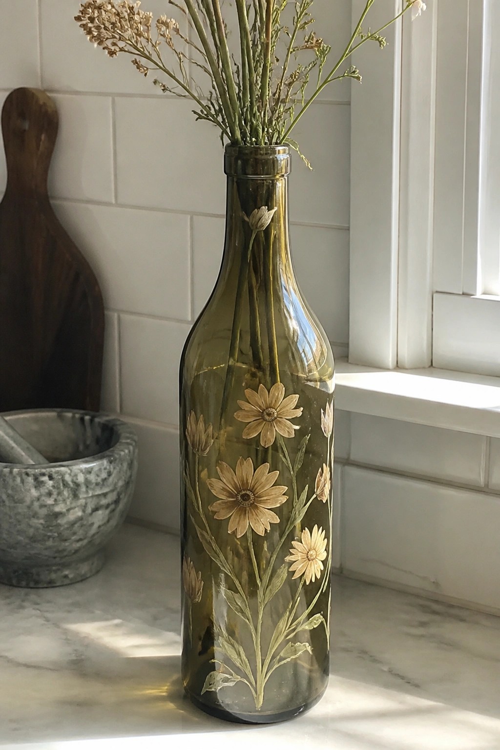 Green glass bottle etched with daisies holding dried stems on marble counter
