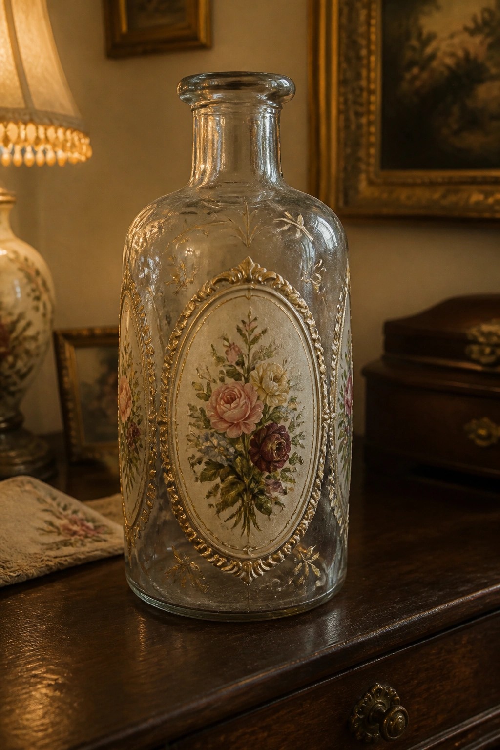Ornate antique glass bottle with gold-framed pink roses on dark wood table