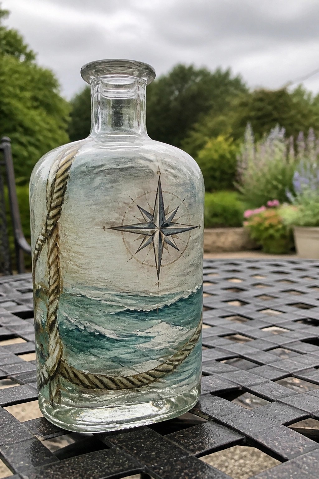 Decorative glass bottle with compass rose, ocean waves, and rope on metal table