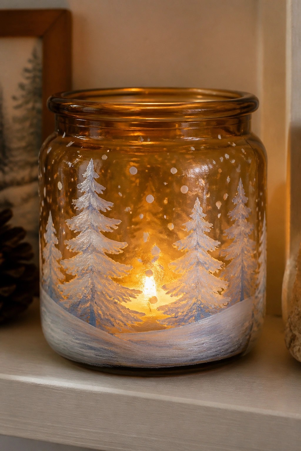 Illuminated amber jar with white pine trees and glowing candle on wooden shelf.