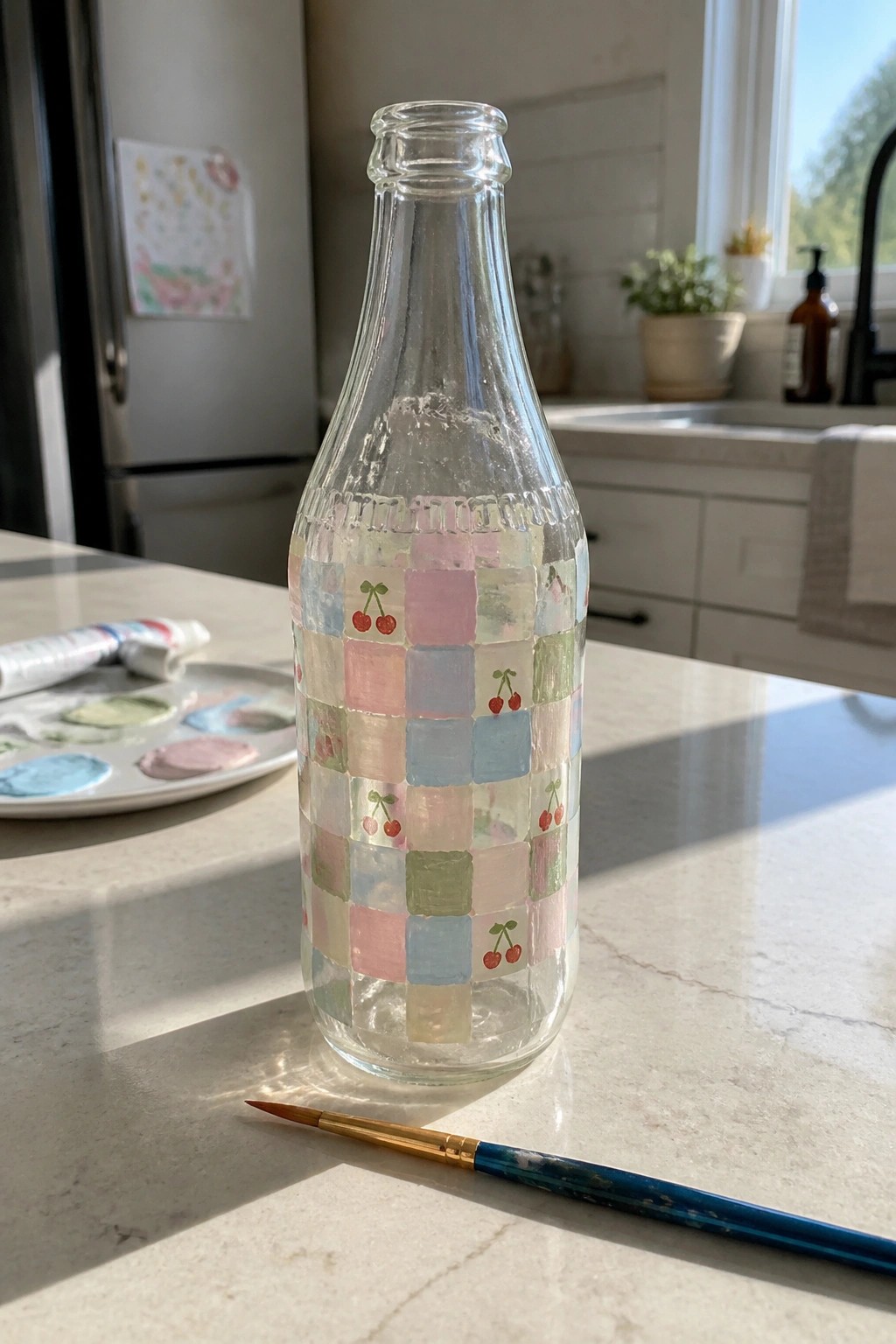 Painted glass bottle with pastel checkered design and cherries beside paintbrush on counter