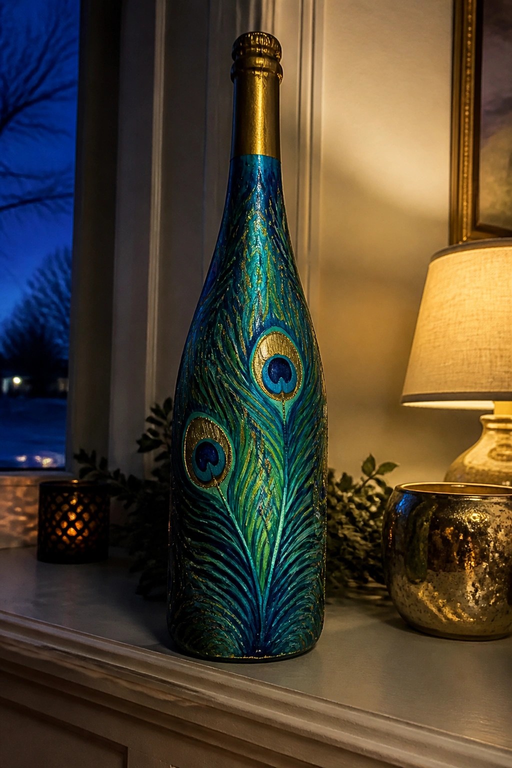 Ornate bottle painted with turquoise peacock feathers and gold accents on windowsill