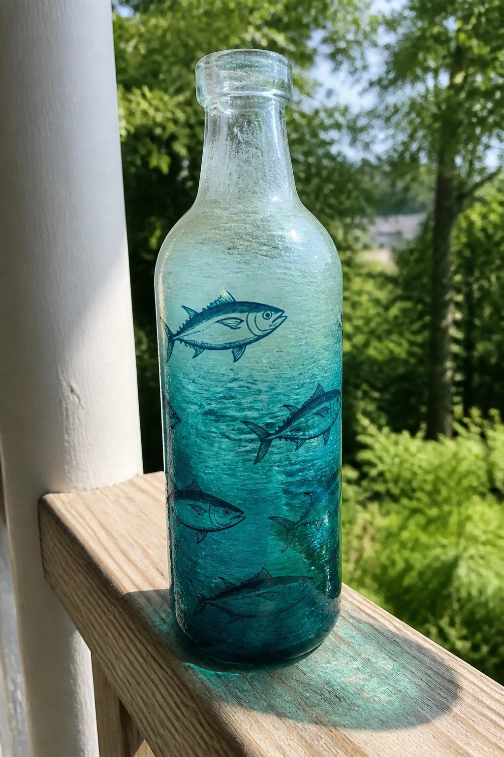 Frosted turquoise glass bottle with black fish illustrations on wooden railing