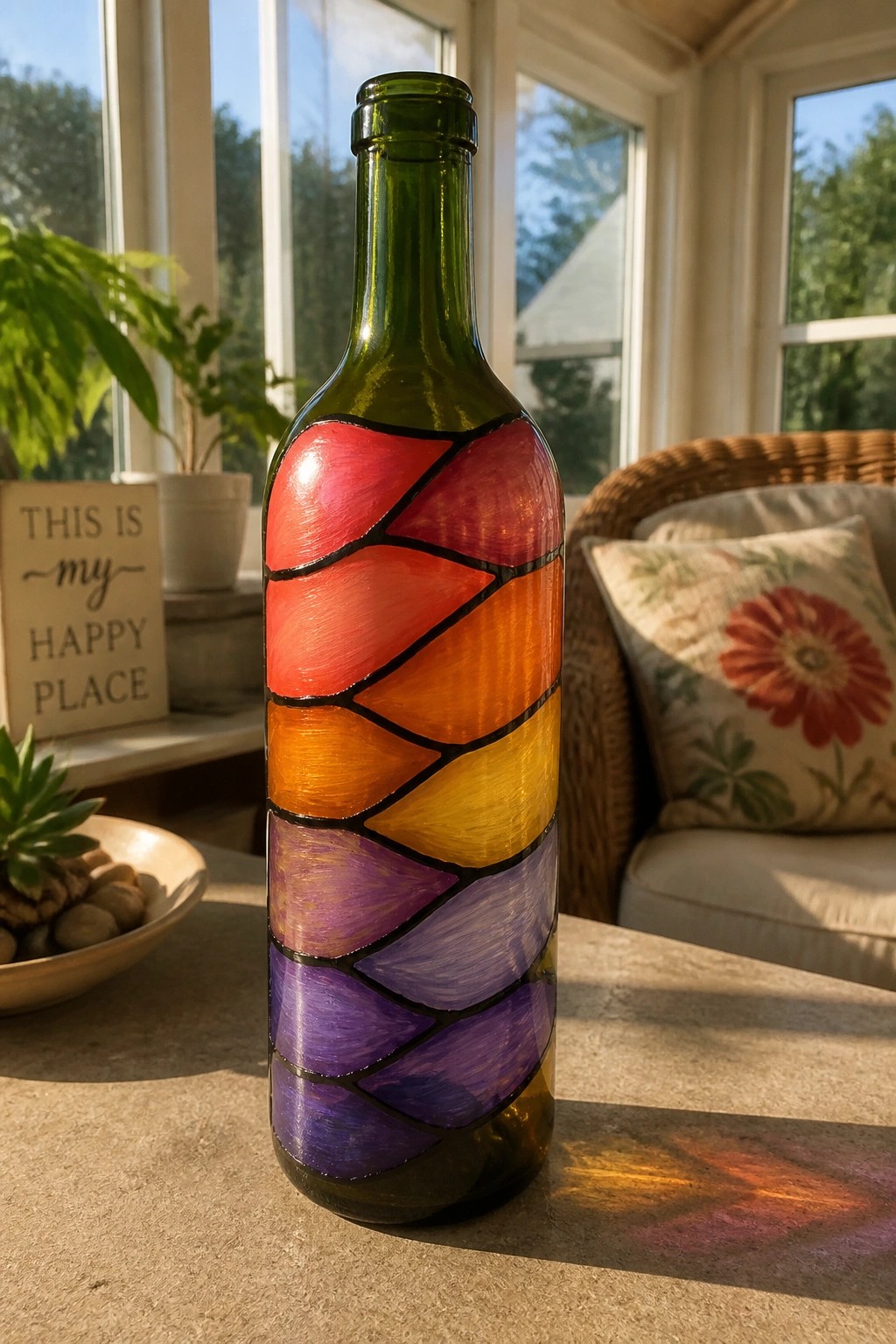 Colorful painted green bottle with red-orange-yellow-purple geometric patterns on sunny table