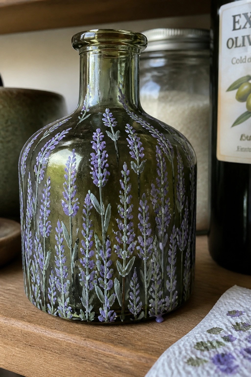 Green glass bottle hand-painted with purple lavender flowers on wooden surface
