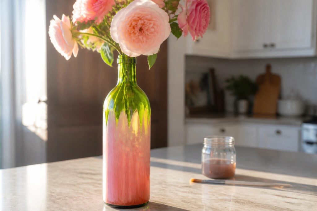 21 Beautiful Bottle Vase Painting Ideas for Fresh Flower Displays Pink-painted bottle vase with dripping coral hues holding fresh roses on counter