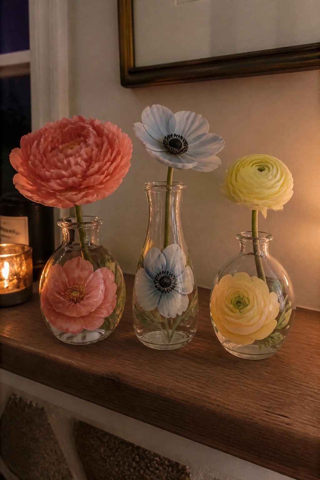Three glass vases with pink, blue, and yellow flowers on wooden surface
