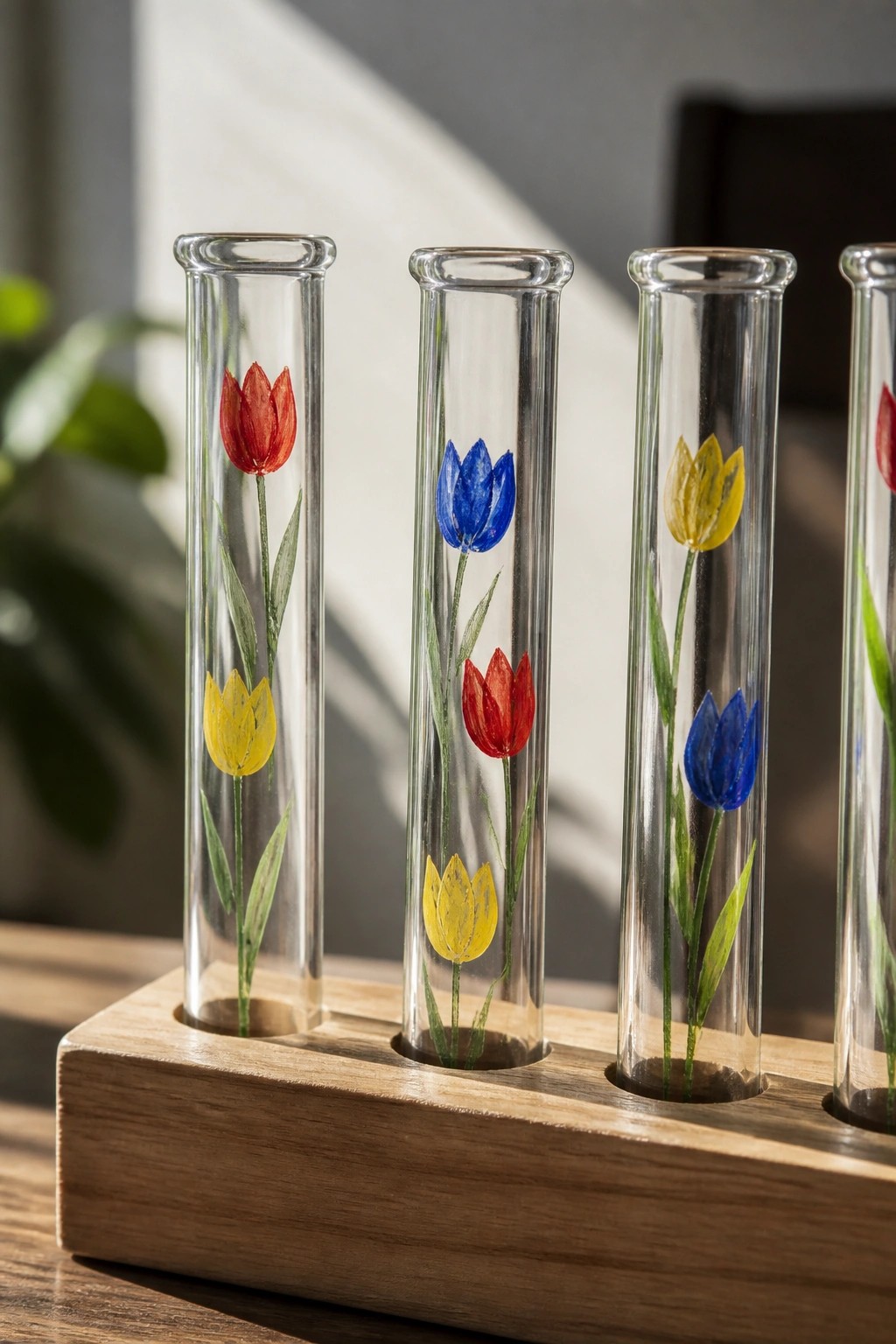 Four glass test tubes with colorful painted tulips in a wooden holder.