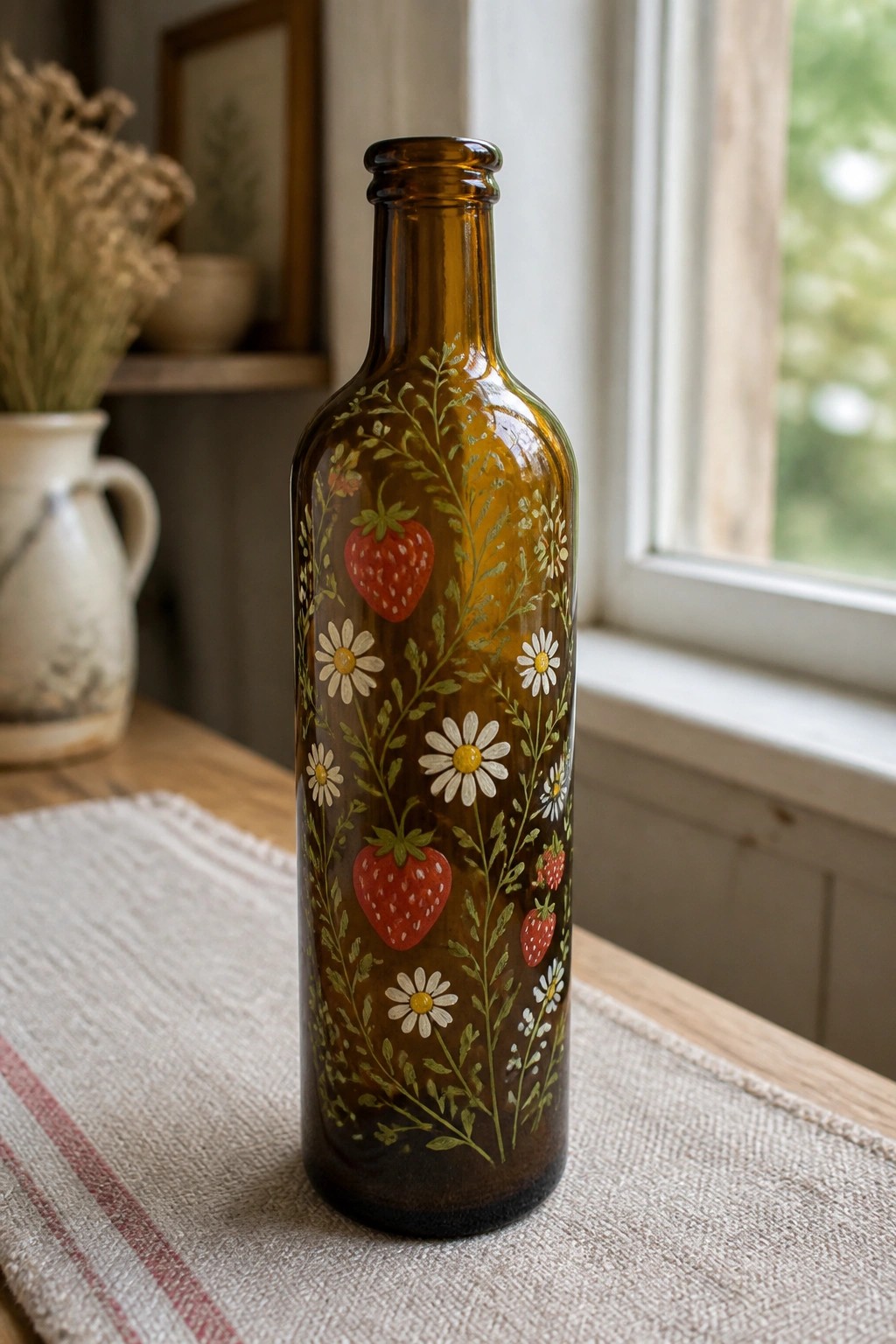 Brown glass bottle hand-painted with strawberries, daisies, and green vines on table