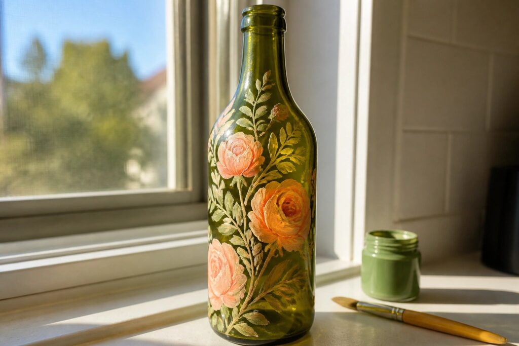 21 Beautiful Floral Glass Bottle Painting Ideas Inspired by Nature Green glass bottle painted with pink roses and leaves on sunny windowsill with paint jar