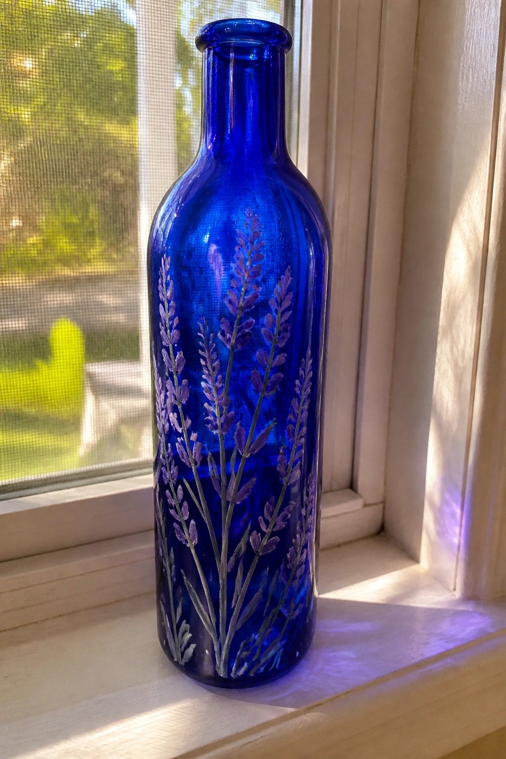 Cobalt blue glass bottle with purple lavender flowers on sunlit white windowsill