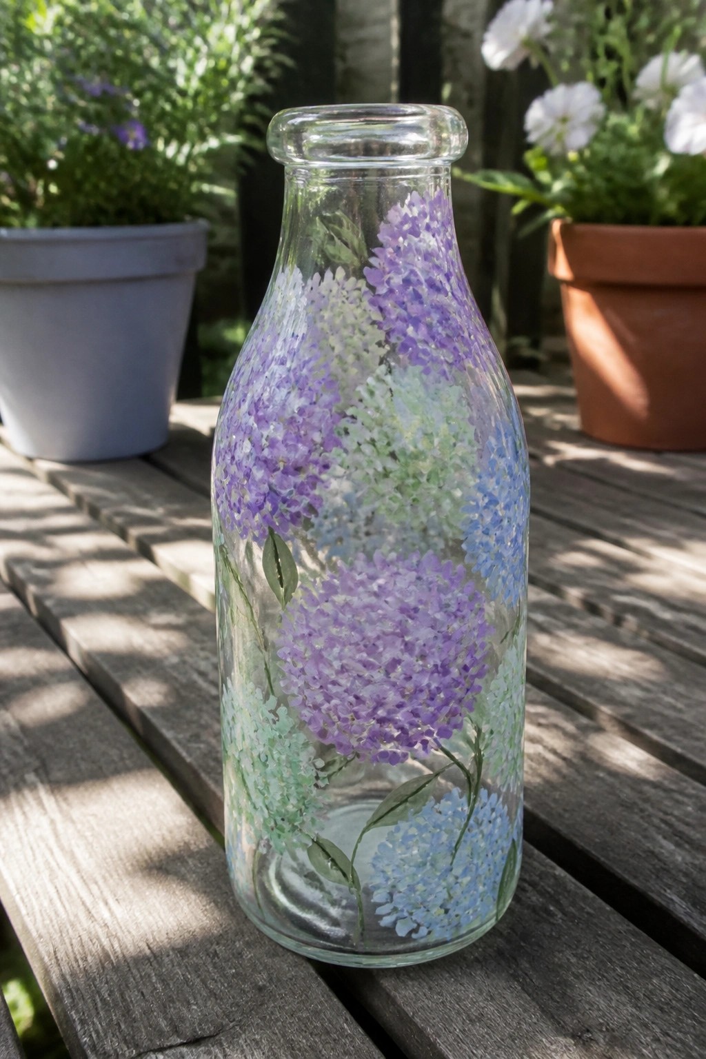 Glass bottle hand-painted with purple blue and green hydrangea flowers on wood table