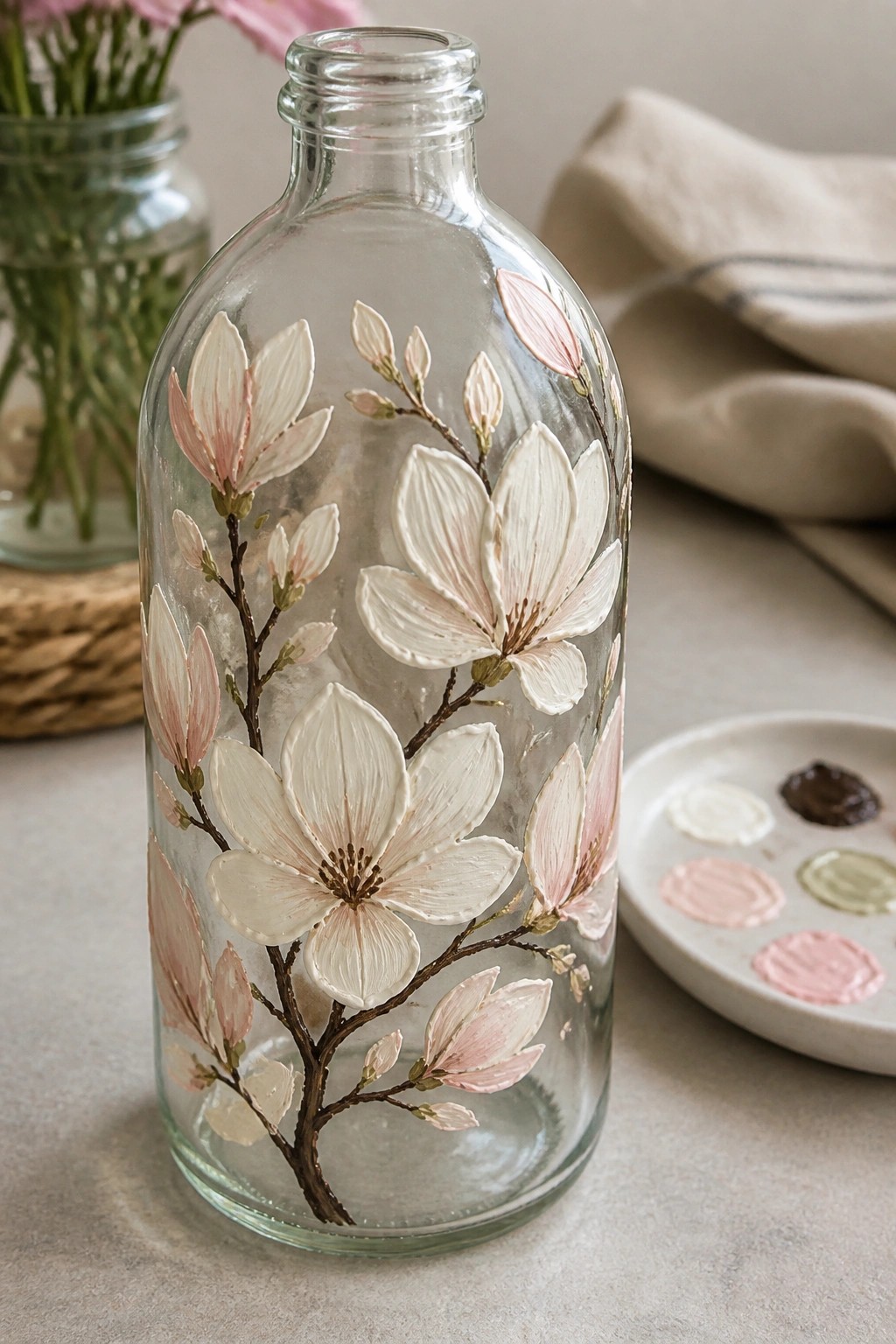 Glass bottle hand-painted with white and pink magnolia flowers beside paint palette.