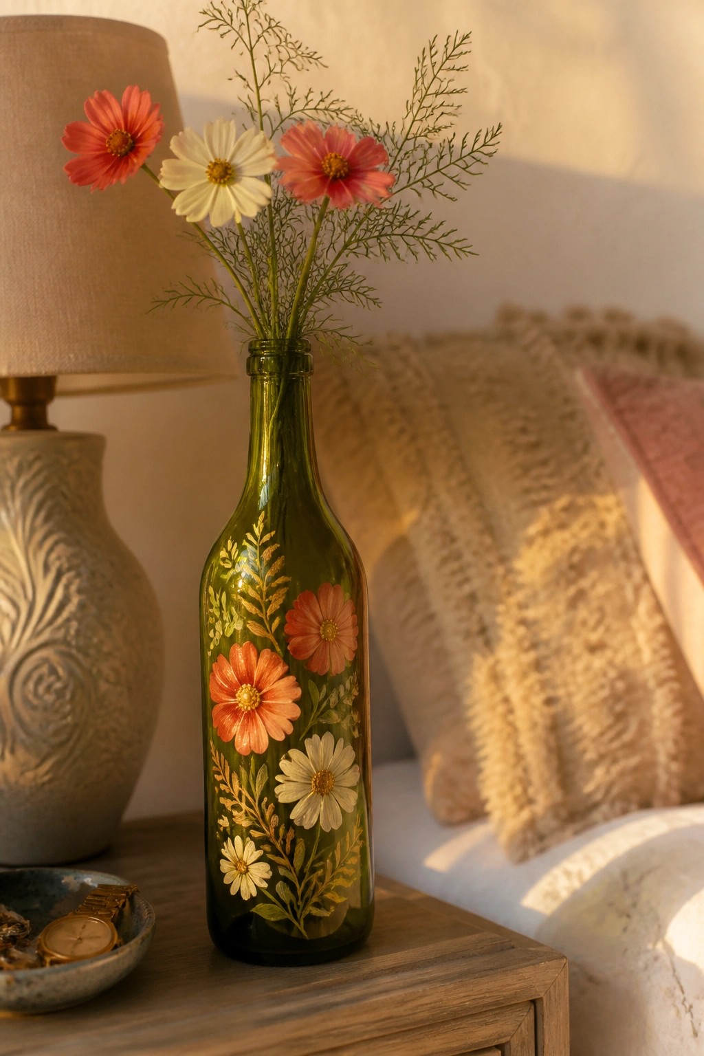 Green painted bottle vase with pink and white flowers on wooden nightstand beside lamp