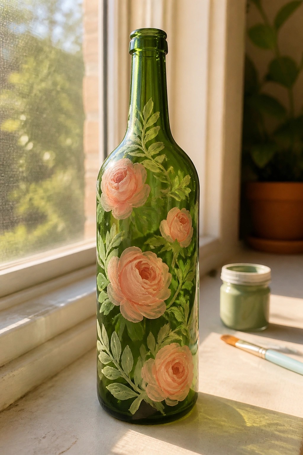 Green glass bottle painted with pink roses and leaves on sunny windowsill with paint jar