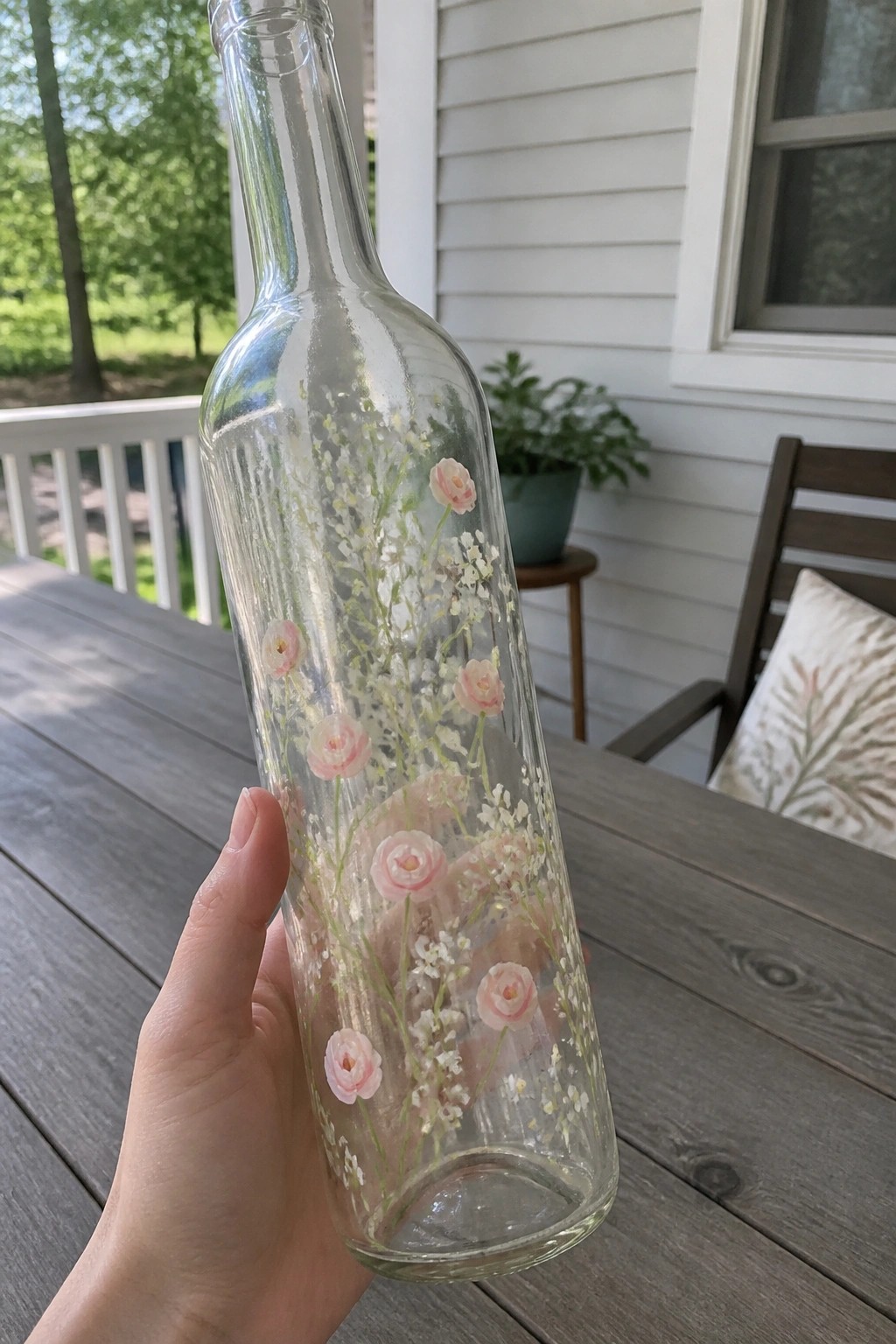 Hand holding clear glass bottle painted with pink roses and white flowers on porch