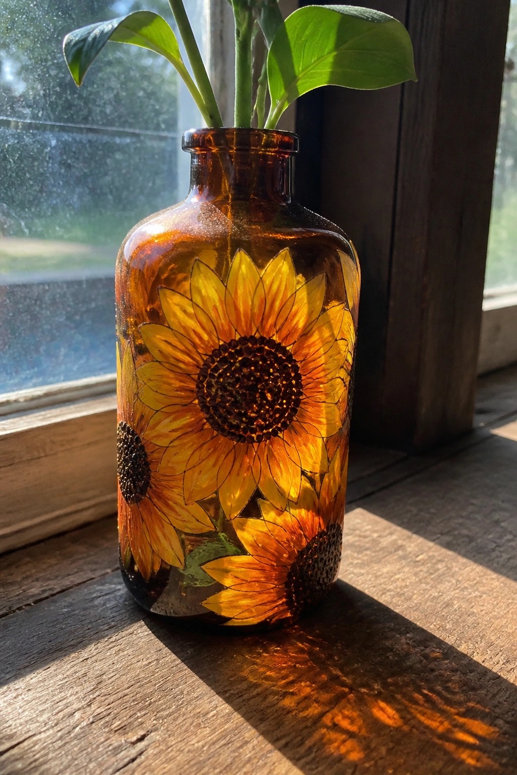 Sunlit amber glass bottle vase painted with yellow sunflowers holding green leaves on windowsill