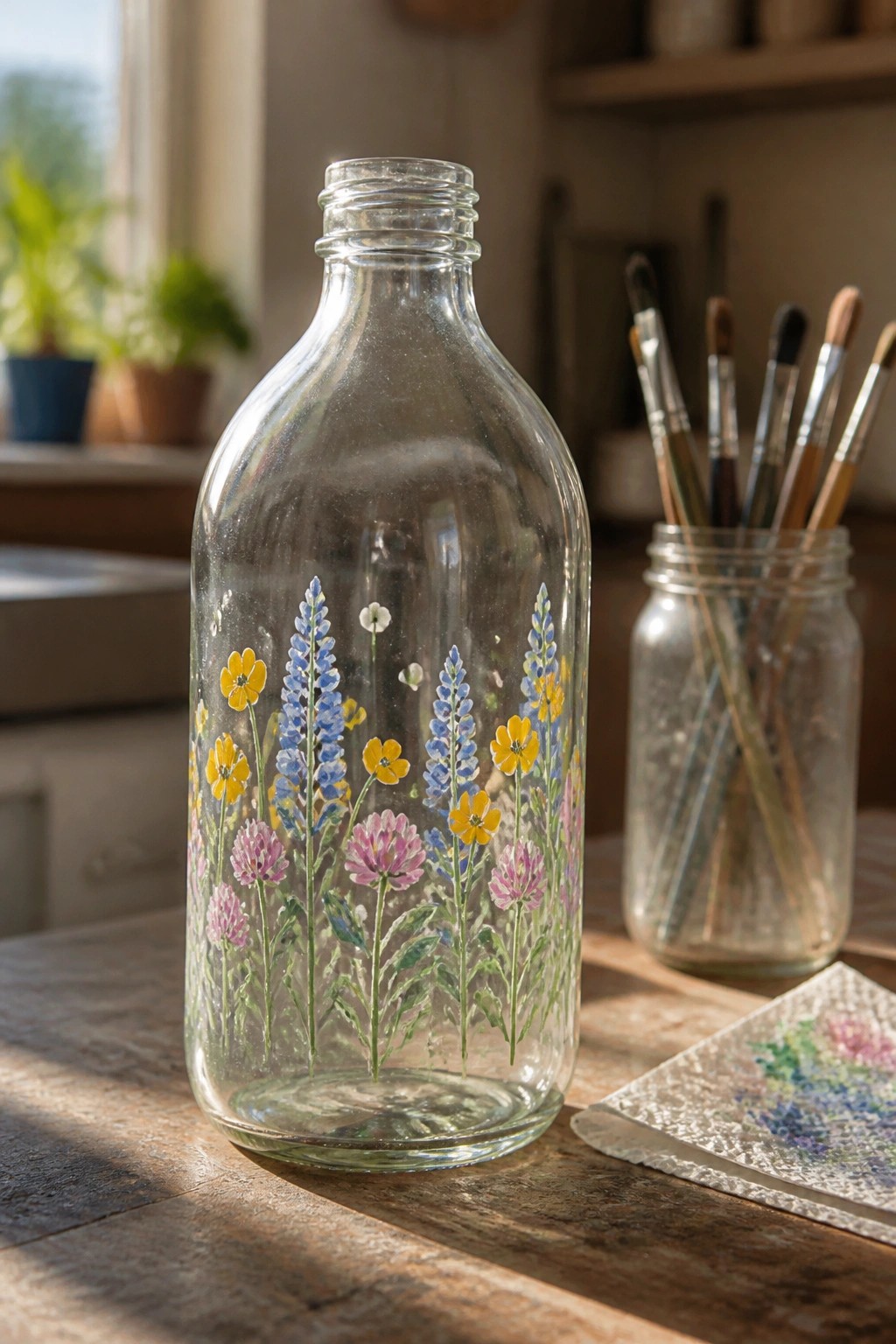 Clear glass bottle painted with colorful wildflowers beside paintbrushes and watercolor paper on wooden table