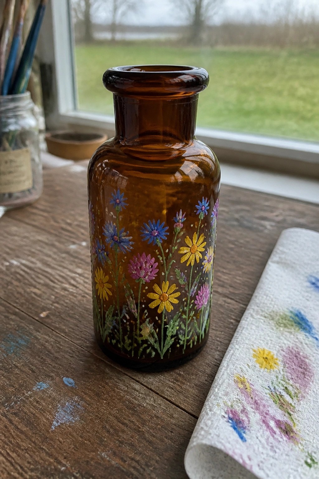 Amber glass bottle hand-painted with colorful wildflowers on wooden table