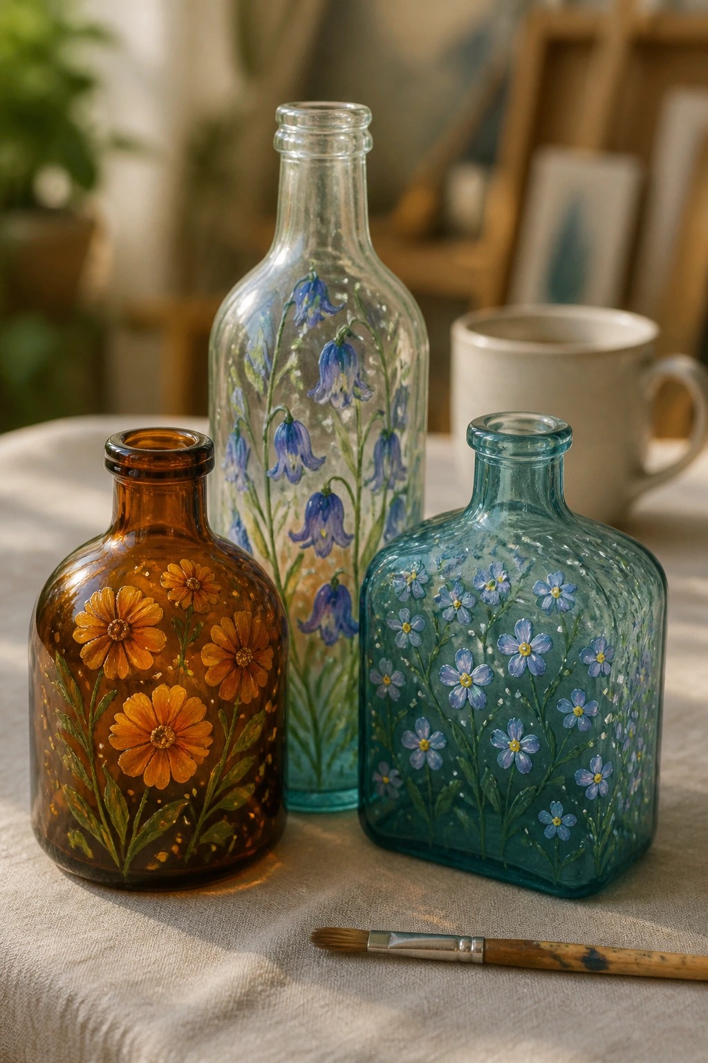 Three hand-painted glass bottles with orange and blue flowers, paintbrush nearby.
