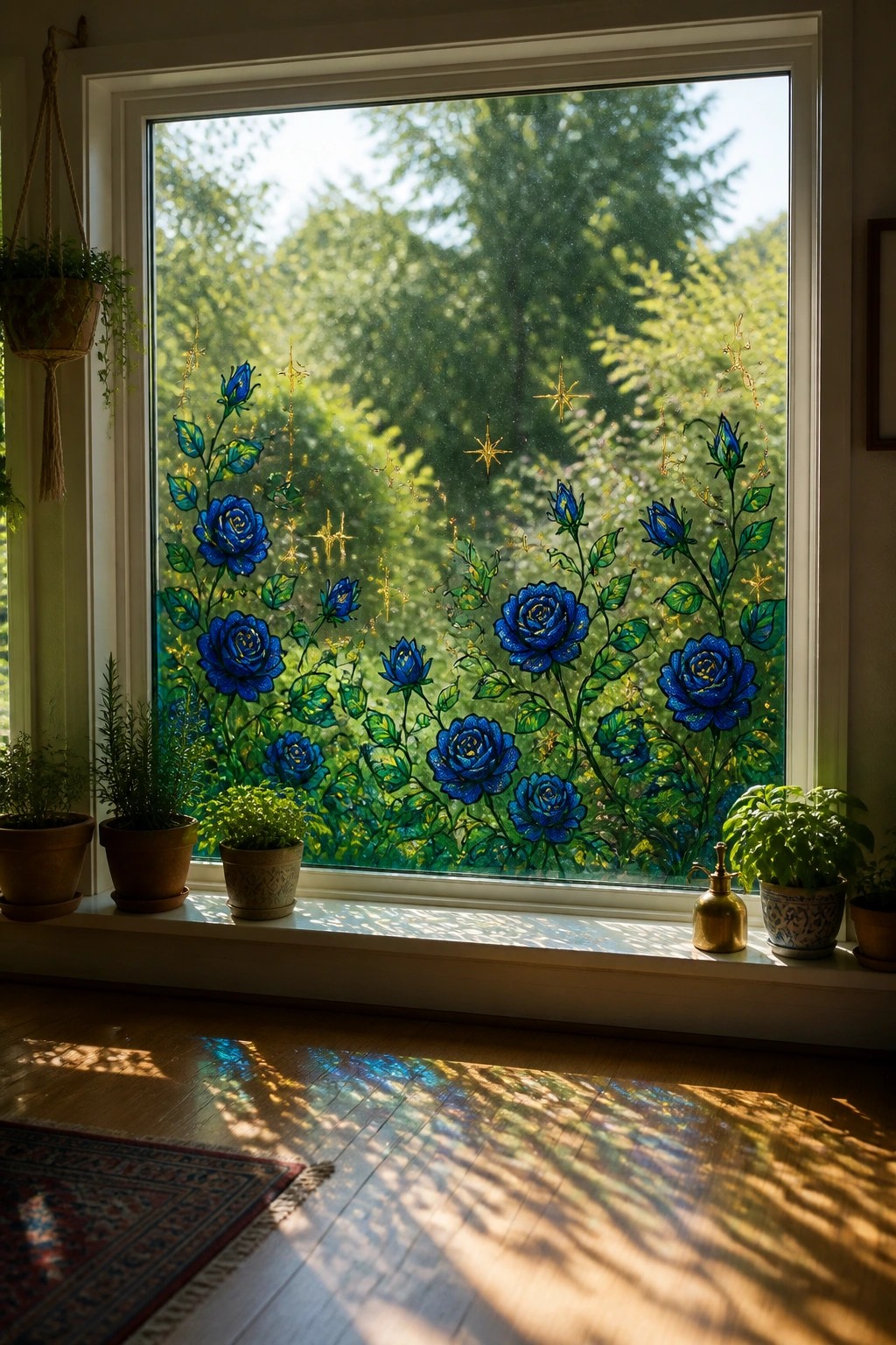 Sunlit window with blue rose stained glass, potted plants, and floor shadows