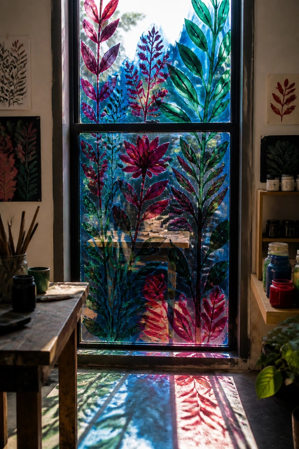 Colorful leaf-and-flower painted window casting vibrant shadows in art studio