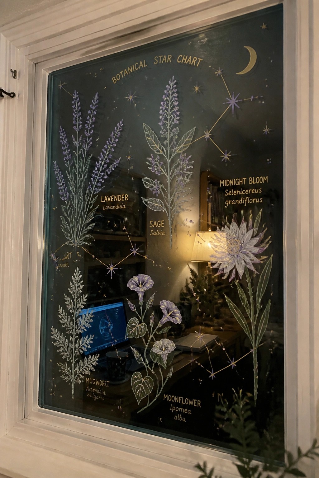 Botanical star chart on window with lavender, sage, mugwort, and moonflower constellations.