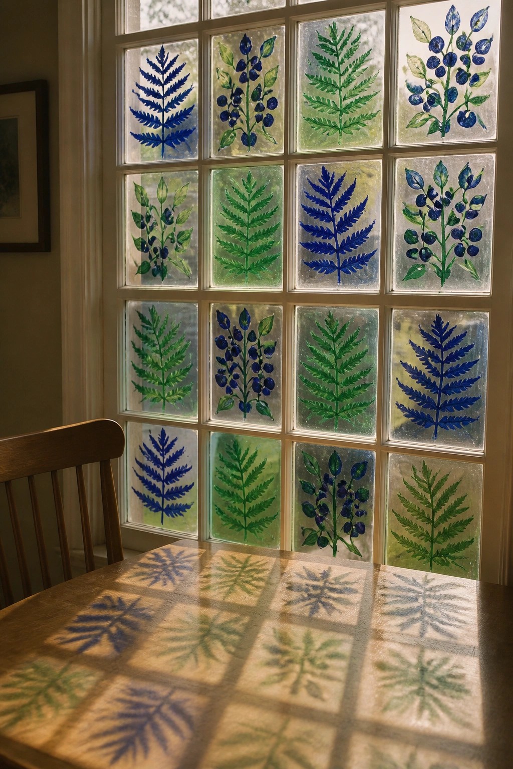 Sunlit window with blue-green fern and berry paintings casting shadows on wooden table