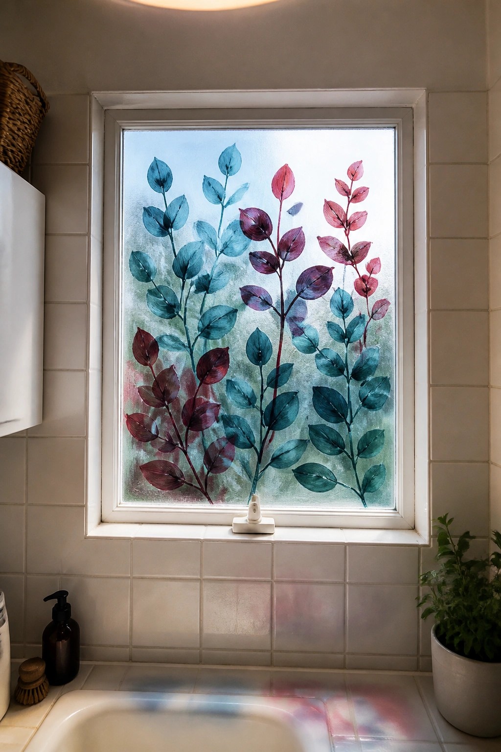 Bathroom window with colorful painted leaves in blue, teal, purple, and red.