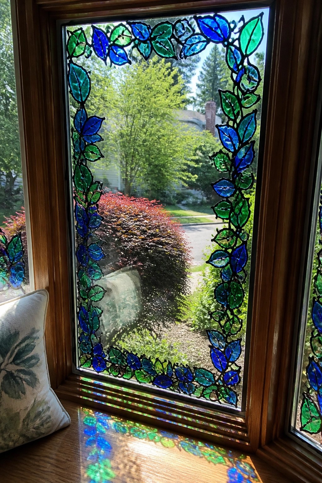 Stained glass window with blue-green leaf border frames sunny garden view and light.