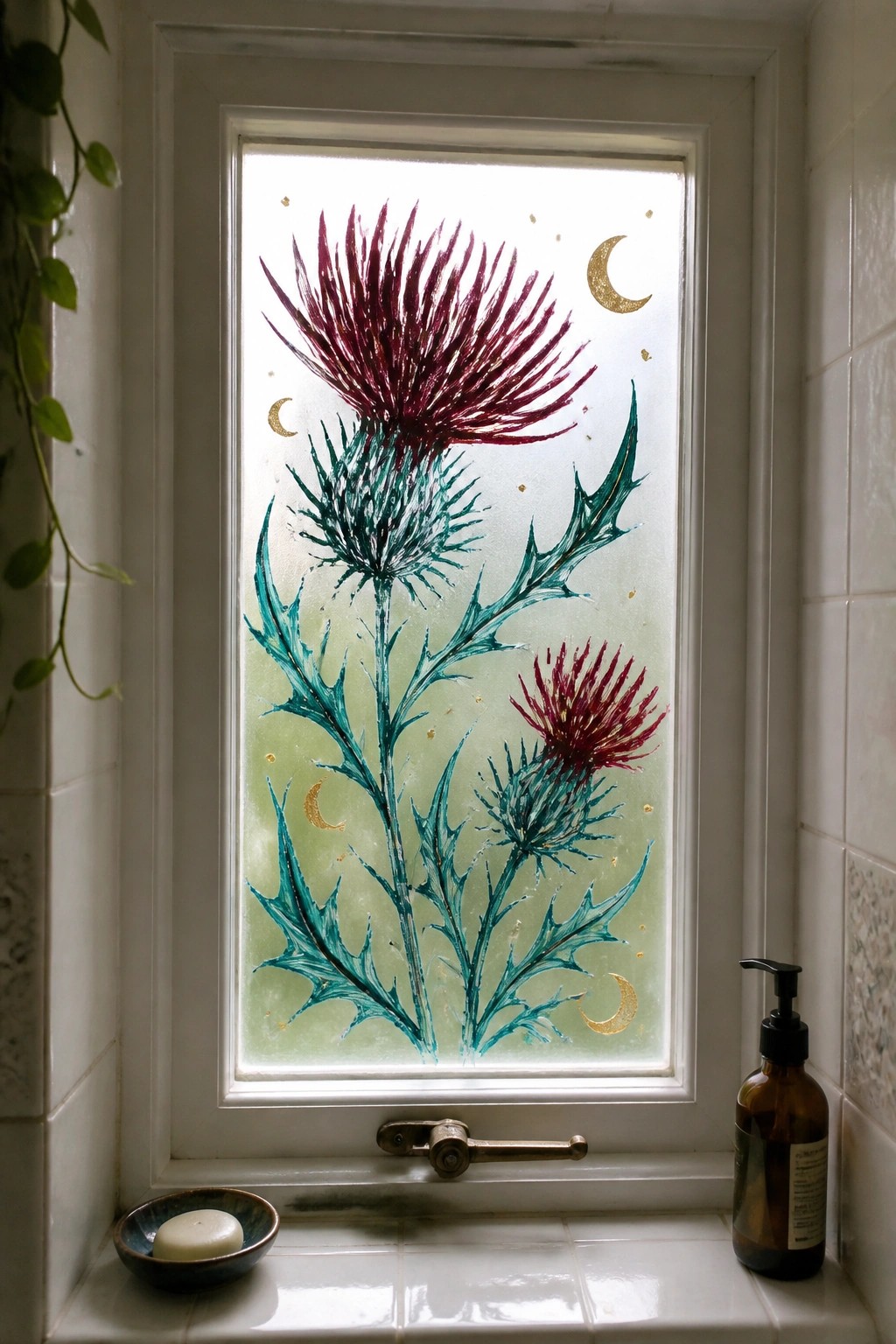 A glass window panel painted with large thistle plants in teal and burgundy, accented with gold moons and dots, viewed from inside a bathroom above a tiled ledge.