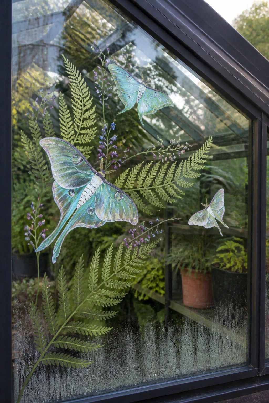 Painted turquoise luna moths and ferns adorn a misty greenhouse window with plants.