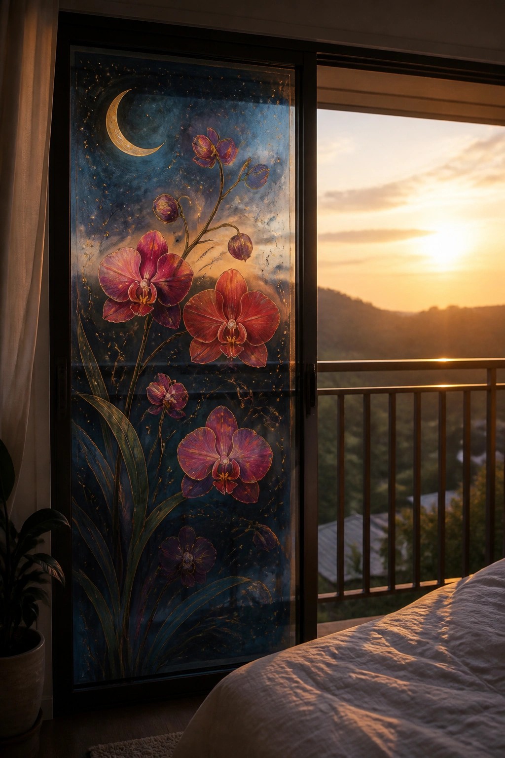 Bedroom sliding door with painted orchids and moon beside golden sunset balcony view