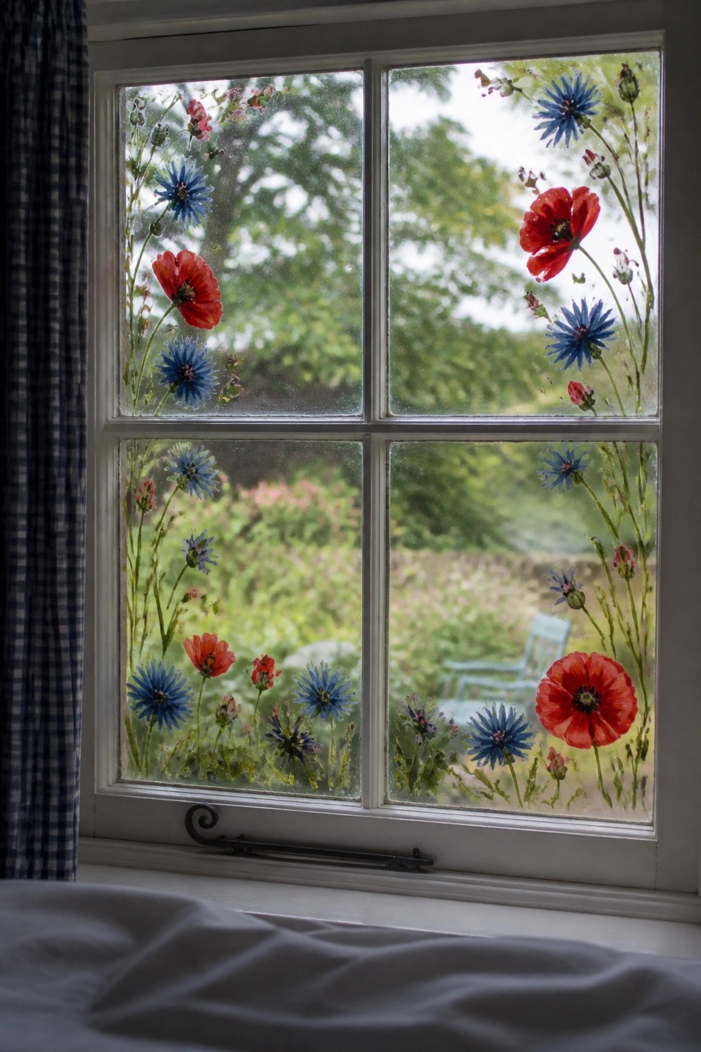 Window with red poppies and blue cornflowers painted on glass, garden view beyond.