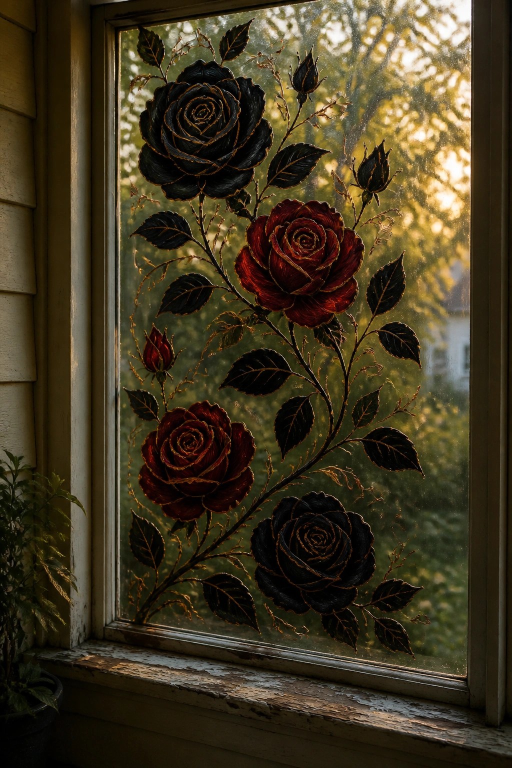 Weathered window with red and black roses, gold trim, and green leaves on glass