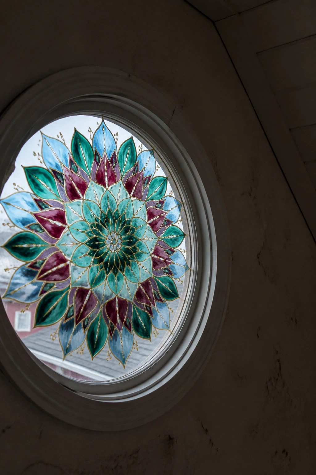 Circular stained glass window with teal, purple, and gold floral mandala design.