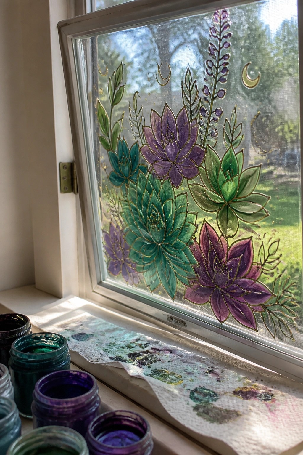 Vibrant succulent and floral painting on window with paint jars nearby