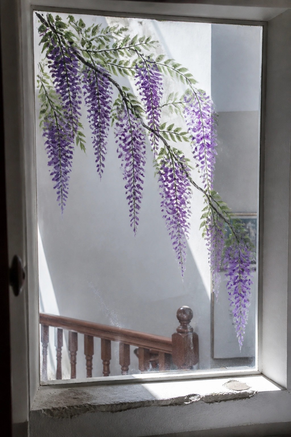 Window painted with purple wisteria flowers overlooking wooden staircase railing