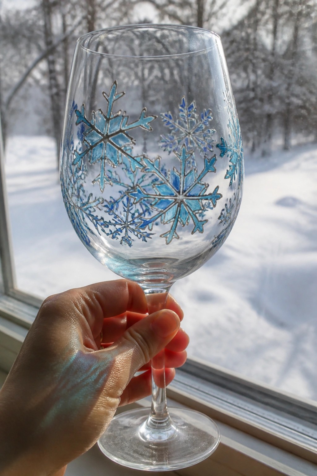 Hand holding wine glass with blue snowflake designs before snowy window view.